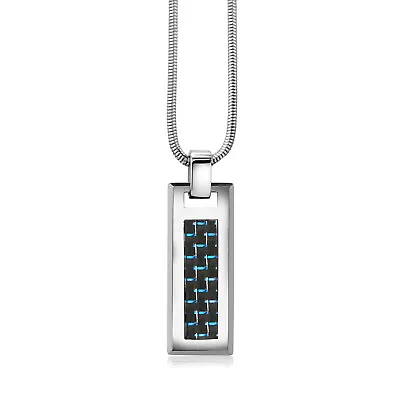 New Men Tungsten Pendant - Black & Blue Carbon Fiber Pendant On 2mm Snake Chain  • $25