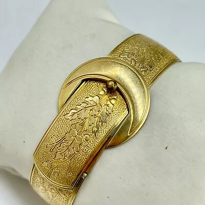 Antique Vintage Simmons 12K Gold Filled Floral Etched Buckle Bangle Bracelet • $110