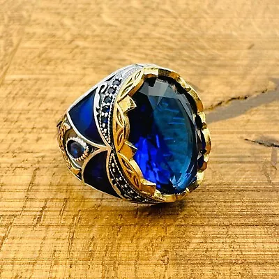 Sapphire Stone Ring Mens Blue Oval Gemstone Ring 925k Sterling Silver All Siz • $56.25