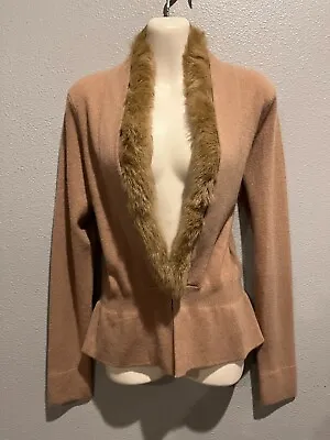 Women's MAGASCHIONI Tan Cashmere Removable Rabbit Fur Trim Cardigan Size M • $49.99