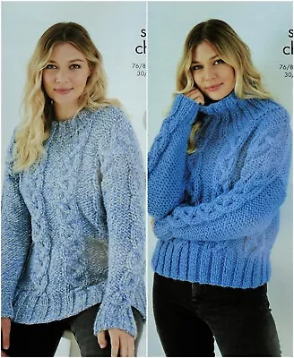 KNITTING PATTERN Ladies Cable Jumpers 2 Lengths Super Chunky King Cole 5666 • £4.49