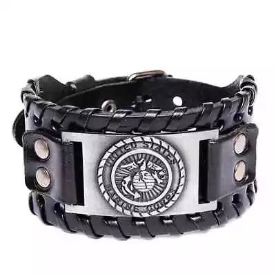 New 1pc Explosive Alloy Marine Corps Wide Leather Bracelet VikingAntique Silver • $17.95