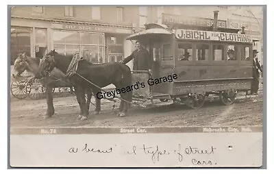 RPPC Horse Drawn Streetcar TROLLEY In NEBRASKA CITY NE Real Photo Postcard • $49.99