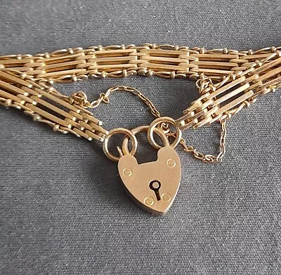 9ct Gold 12g Gate Link Bracelet With Heart Clasp & Safety Chain 18cm X 8mm • £420