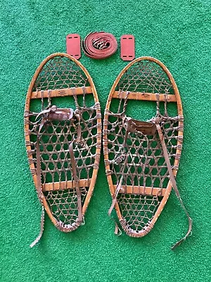 VTG Faber Canada Bear Paw Snowshoes With New Bindings 14  X 30  Rawhide Leather • $106.95