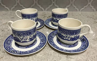 Vintage Blue Willow Coffee Tea Cup And Saucer USA Transferware Collectible Set 4 • $39.99