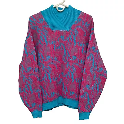 VTG Lido Sports Wool Ski Sweater Large Pink & Teal V-Neck Made In USA • $49.95