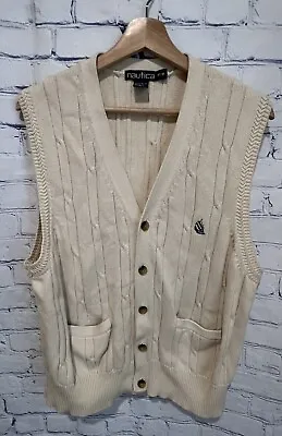 Vintage Nautica Men's Cotton Cable Knit Cardigan Sweater Vest Beige Medium • $40