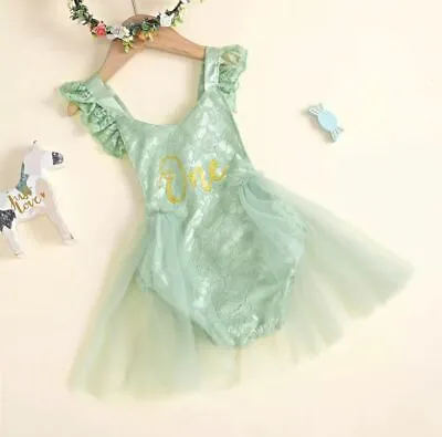 Baby Girl 1st Birthday Outfit Lace MOSS GREEN Romper  Dress Photoshoot Cakesmash • $44.99