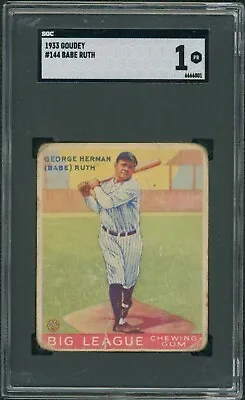 1933 Goudey #144 Babe Ruth NY Yankees * Visually Awesome Best Value *  SGC 1 • $5999.95