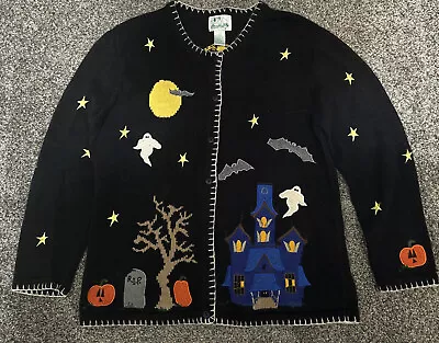 Quacker Factory Large Embroidered Sweater Cardigan Halloween Graveyard Ghost • $29.95