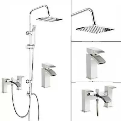 3 Way Square Shower Rigid Riser Kit Waterfall Bath Shower Mixer Tap & Basin Tap • £117.95