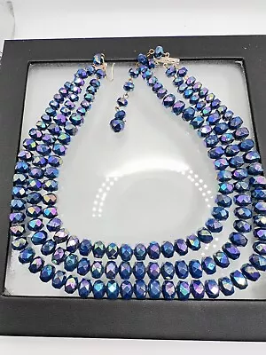 Vintage West Germany Violet Blue Aurora Borealis Lucite Necklace Triple Strand!! • $38