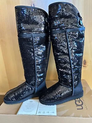 UGG OVER THE KNEE BAILEY BUTTON SPARKLE 6 BLACK  HOLOGRAM TALL RARE With BOX • $225