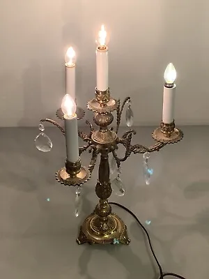 $199.99 • Buy Vintage Brass Candelabra Lamp Glass Crystal Prisms Working Hollywood Regency
