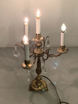 Vintage Brass Candelabra Lamp Glass Crystal Prisms Working Hollywood Regency • $199.99