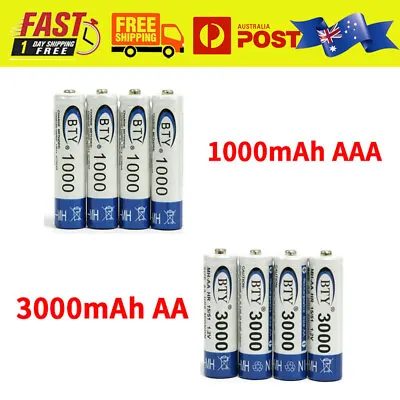 4-20Pcs BTY 1000mAh AAA/3000mAh AA Rechargeable Battery Recharge NI-MH Batteries • $8.59