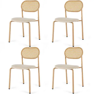 Boho Set Of 4 Dining Chairs Upholstered W/Rattan BackMetal Leg Kitchen Living  • $169.99