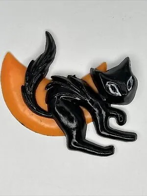 Halloween Black Scary Cat Orange Moon Cake Decoration Topper Party Vintage NOS  • $10.99