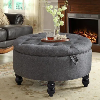 Round Ottoman Coffee Table Fabric Upholstered Storage Box Stool Buttoned Pouffe • £95.95
