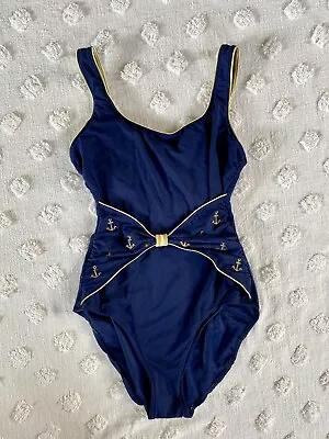 Vintage Marine Sailor Nautical Anchor Cinch Waist Navy Gold One Piece Swimsuit • $45