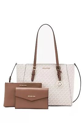 Michael Kors Charlotte LG 3 IN 1 Tote Shoulder Bag + Cluch MK Signature Vanilla • $187.98