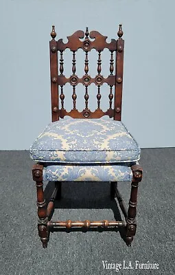 Vintage French Country Ornate Spindle Back Blue Damask Side Chair  • $484