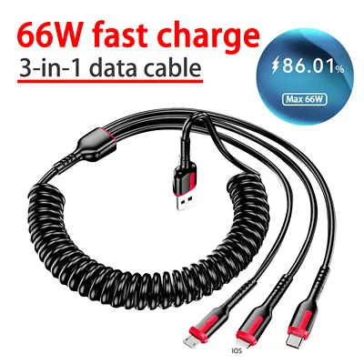 3 In 1 Retractable USB Charger Charging Cable Data Cord For IPhone Android 66W • £7.93