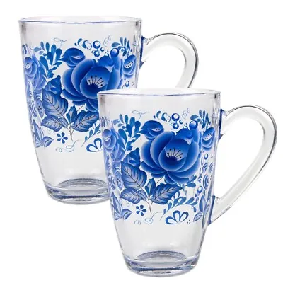 SET OF 2 11 Oz Glass Mug Tea Coffee Cup Teacup Durable Top Quality Gzhel Flowers • $18.95