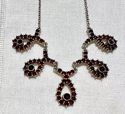 Vintage Art Deco Rose-Cut BOHEMIAN GARNET Gilt Sterling Necklace • $249.99