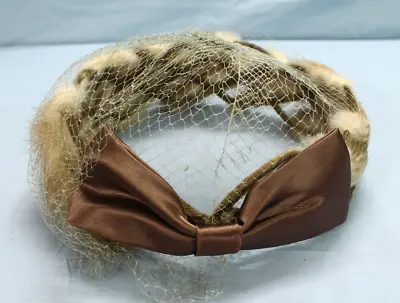 VTG OPEN CROWN HAT Real Mink Fur CRISS-CROSS PATTERN W/Netting  BROWN SATIN BOW • $16