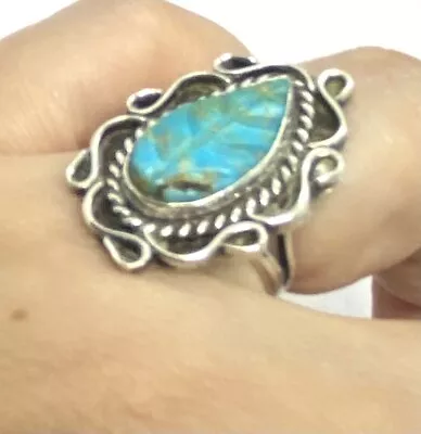 Vintage Zuni  Sterling Silver Turquoise Leaf Ring Size 6.50 5.58 G • $95