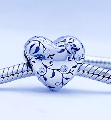 Love Heart Vine Flower Charm Bead Cubic Zirconia Genuine 925 Sterling Silver 💖 • £16.95