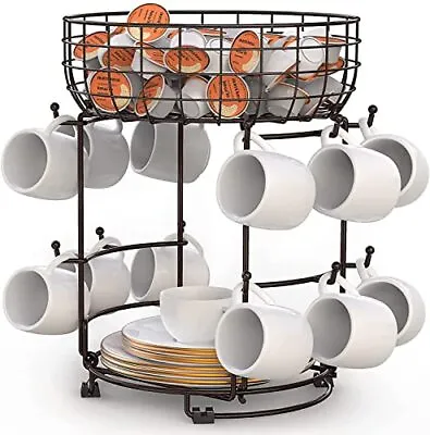 Mug Tree Cup Holder With Storage Basket Coffee Mug Holder 12 Hooks Stand Space • £14.45