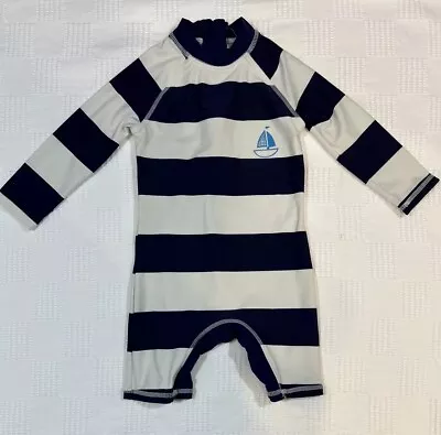 BONVERANO Swim Baby 12-18 Months Blue Stripe Zip Back One Piece Swimsuit Rash • $12.99