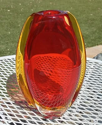Vintage Murano Summerso Glass Vase Red Yellow 8.25  Tall • $40