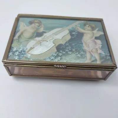 Handcrafted Via Vermont Glass Coffin Box Mexico Trinket Cherub Chello Gold 4x3 • $14.49