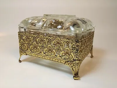 Victorian Style Brass Vanity Trinket Pressed Glass Footed Jewelry Lidded Box • $34.23