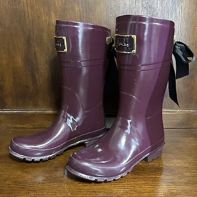 Joules Evedon Rain Boots Burgundy ~ Black Bow Round Toe Wellies Women Size US 8 • $40