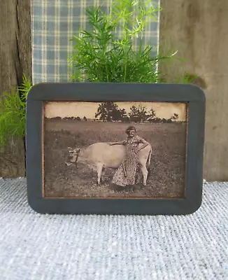 Antique School Slate Chalkboard Blue Milk Paint Photo Print Woman With Her Cow • $24.95