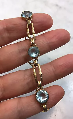 Vintage SIMMONS Art Deco Style Gold Tone Faux Blue Aquamarine Bracelet • $45