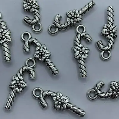 10 Tibetan Silver Candy Cane With Holly Charms Christmas 25mm X 10mm X35 • £2.50