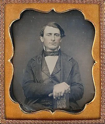 Gentleman Holding Large Leather Case Tinted Face 1/6 Plate Daguerreotype S728 • $125