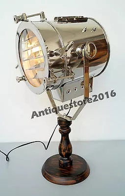 Vintage Collectible Spot Search Light Table Lamp Chrome Finish Wood Stand Gift • $161.49