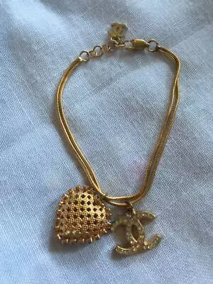 Auth Vintage CHANEL Rhinestone CC Logo Heart Charm Bracelet Gold Used Fm Japan • $1283.45