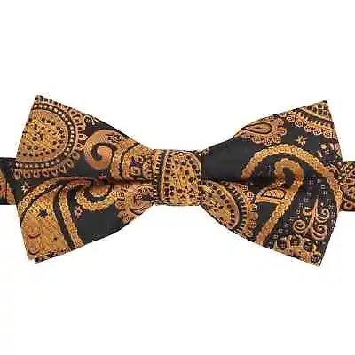 Black & Gold Paisley Bohemian Wedding Pre-Tied Bow Tie Pocket Square By DQT • £6.99