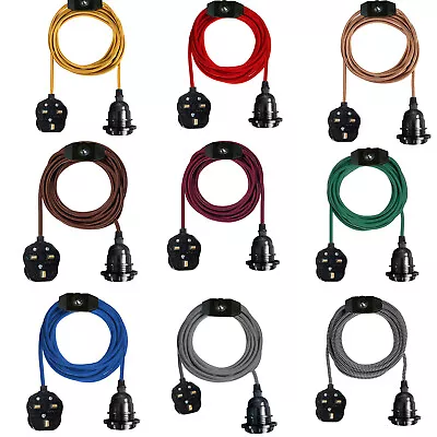 4m PlugIn Pendant Lamp Fabric Flex Cable Light E27 Fitting Bulb Dimmer Switch • £12.89