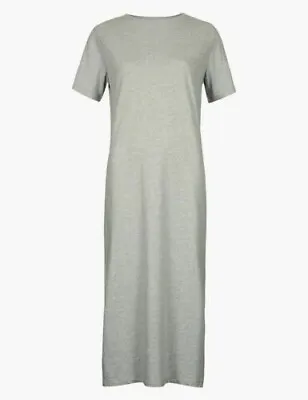 M&S Grey Pure Cotton Jersey Midi Dress Short Sleeve Side Split  2 Pockets UK 10 • £6
