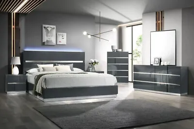 NEW Modern Italian 5PC LED Gloss Black & Silver Queen King Bedroom Set Furniture • $2379.99