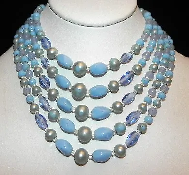 Vintage 5 Strand Opaque & Clear Blue Glass Bead Bib Choker 60s Necklace • $13